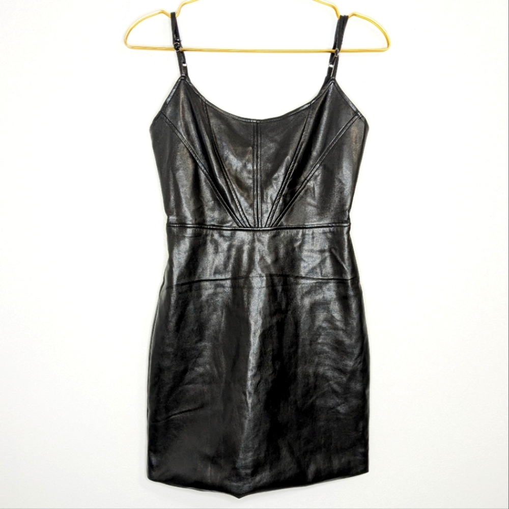 NWOT Forever 21 XS Black Fx Leather Fitted Adjustable Spaghetti Strap Mini Dress